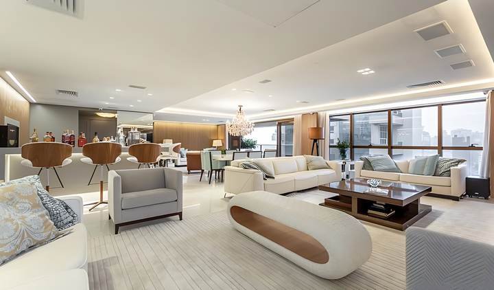 Living amplo, integrado ao jantar e ao bar, apartamento em Petrópolis, Porto Alegre